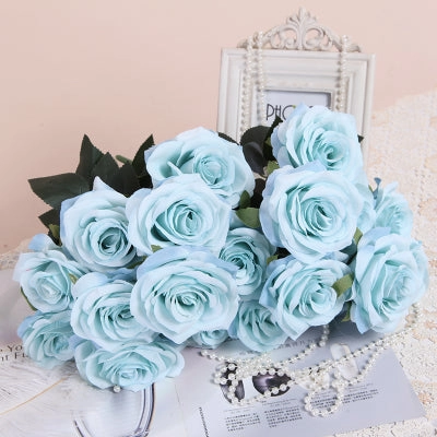10 head Rose Dusty Blue artificial flower bouquet  