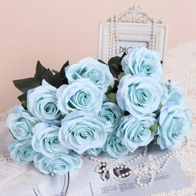 10 head Rose Dusty Blue artificial flower bouquet  