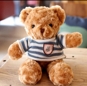 12.5 Brown Bear with blue striped sweater realistic flower bouquet  
