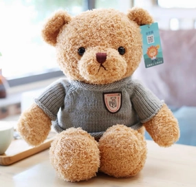 12.5 Brown Bear with grey sweater realistic flower bouquet  