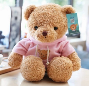 12.5" Brown Bear with pink sweater realistic flower bouquet  