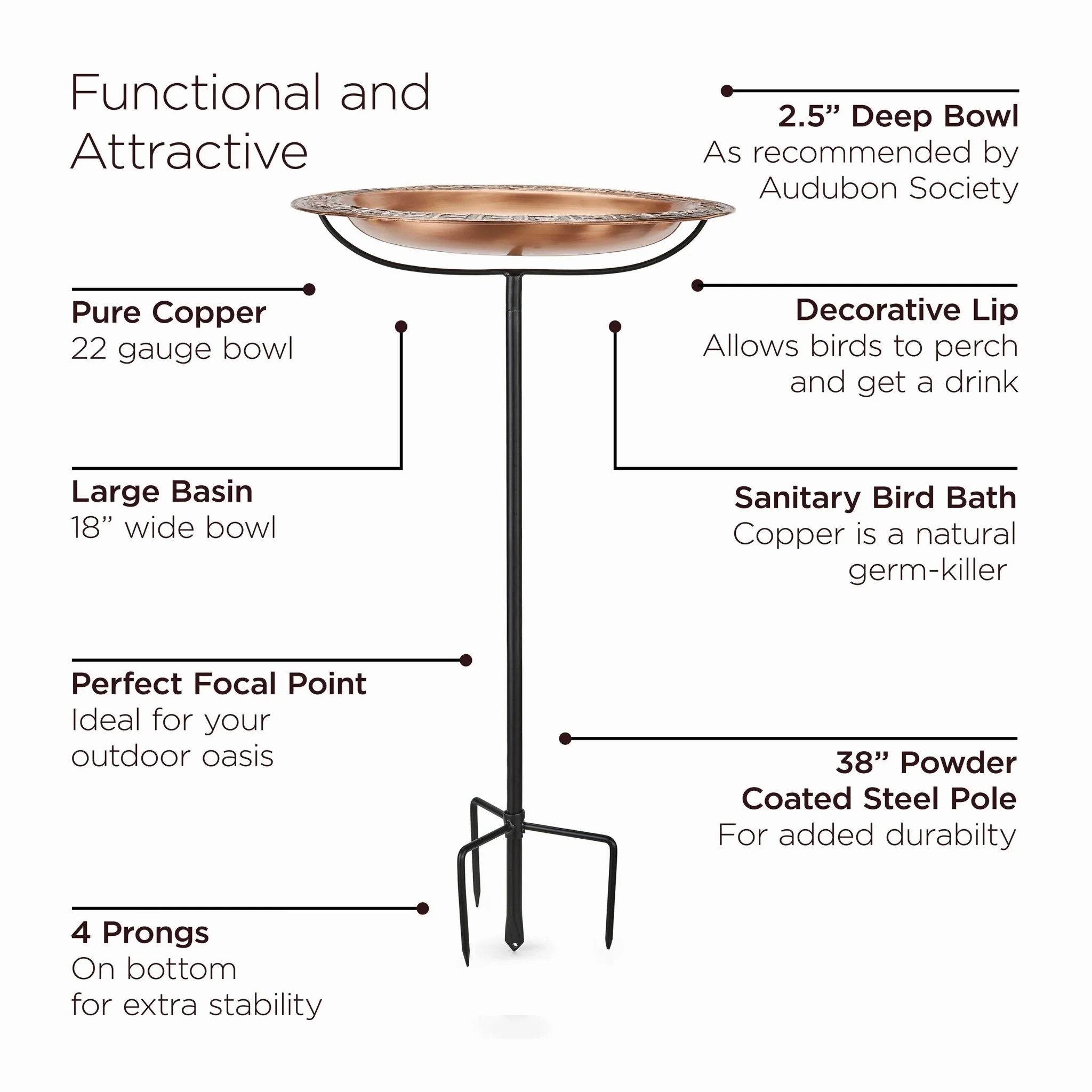 18" Greek-Inspired Copper Birdbath with Garden Pole
