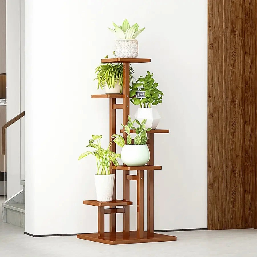 5 Tier Dark Brown Vertical Bamboo Plant Stand