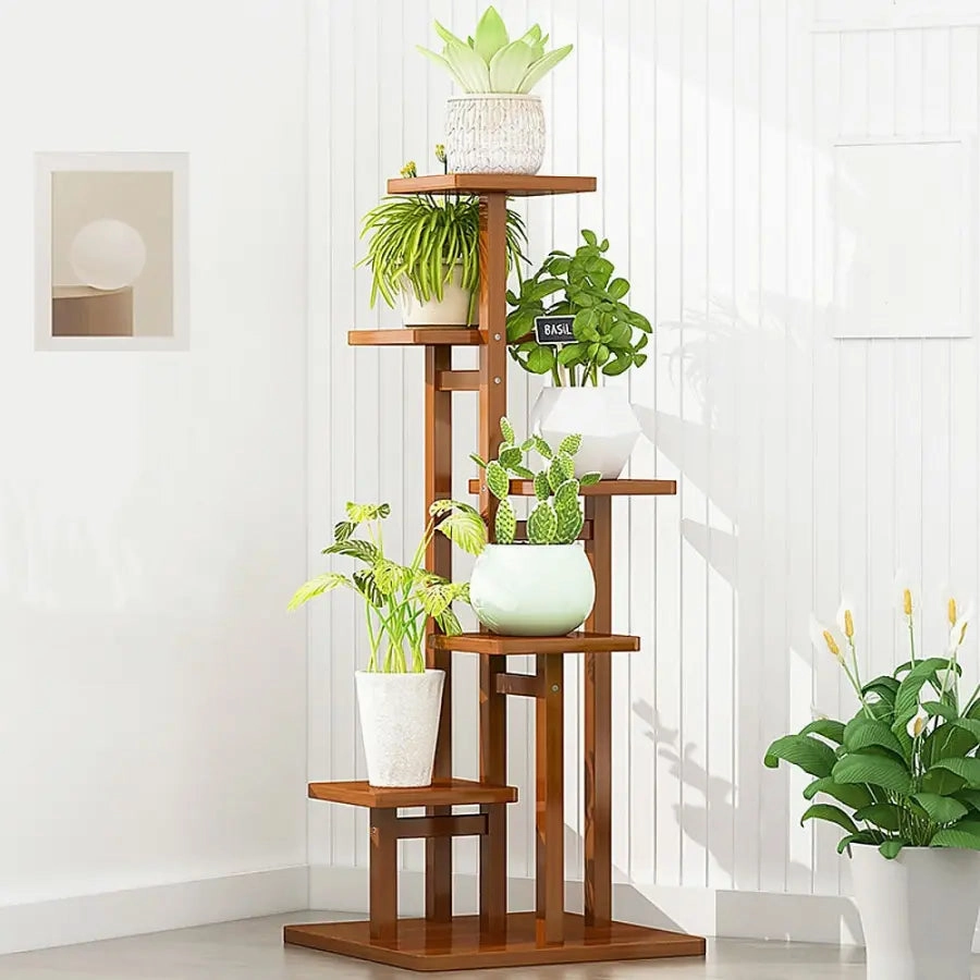 5 Tier Dark Brown Vertical Bamboo Plant Stand