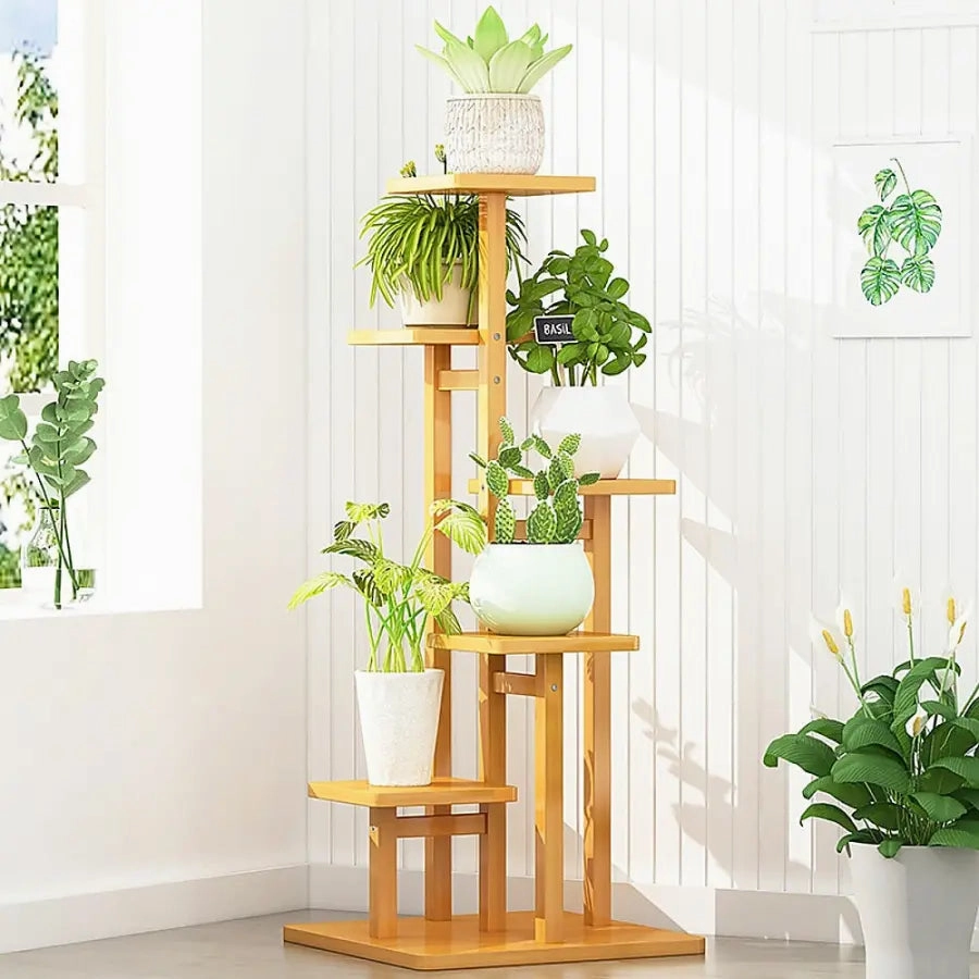 5 Tier Natural Brown Vertical Bamboo Plant Stand,plant shelf accessories