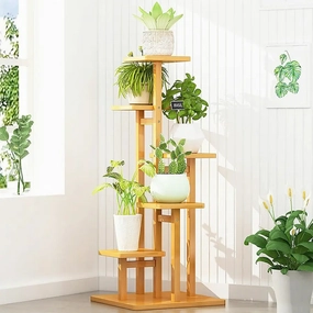 5 Tier Natural Brown Vertical Bamboo Plant Stand,plant shelf accessories