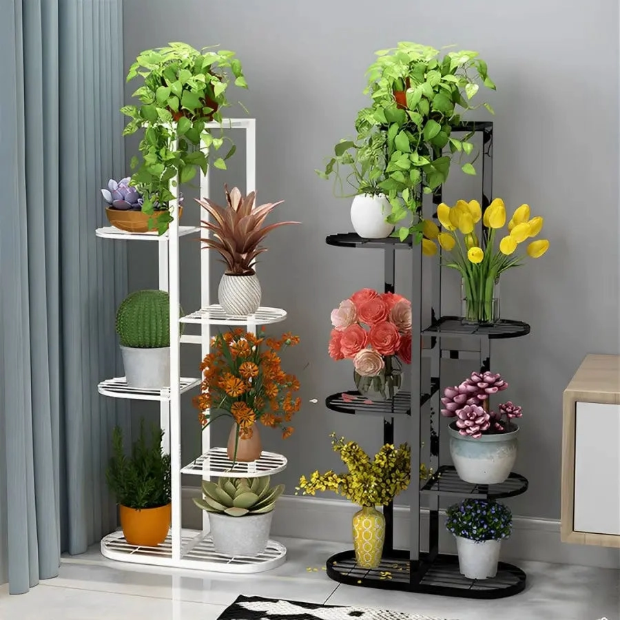 5 Tier White Metal Plant Stand for 6 Planters