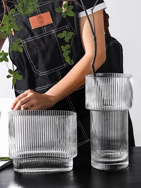 6.7 Thin Oval Vase Clear Glass with stripes ripple ribbed vertical line striped,aesthetic flower vase