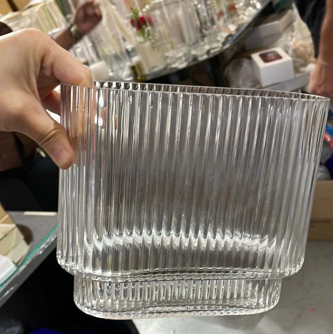 6.7 Thin Oval Vase Clear Glass with stripes ripple ribbed vertical line striped