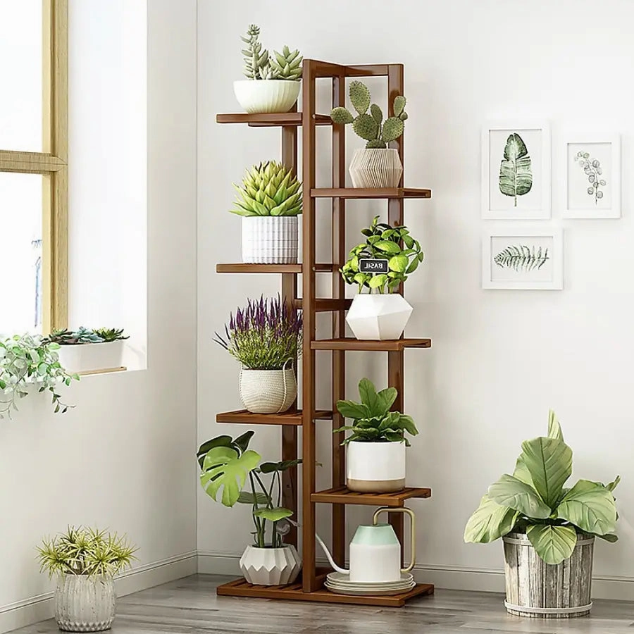 6 Tier Dark Brown Vertical Bamboo Plant Stand