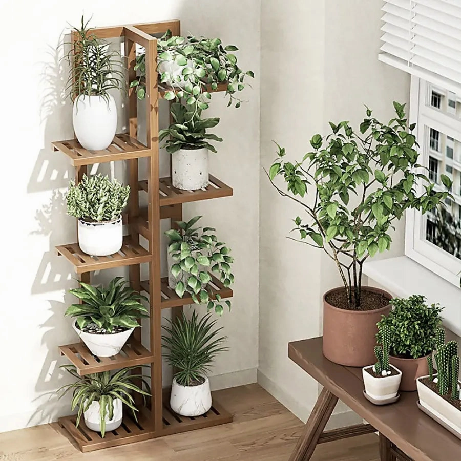 6 Tier Dark Brown Vertical Bamboo Plant Stand