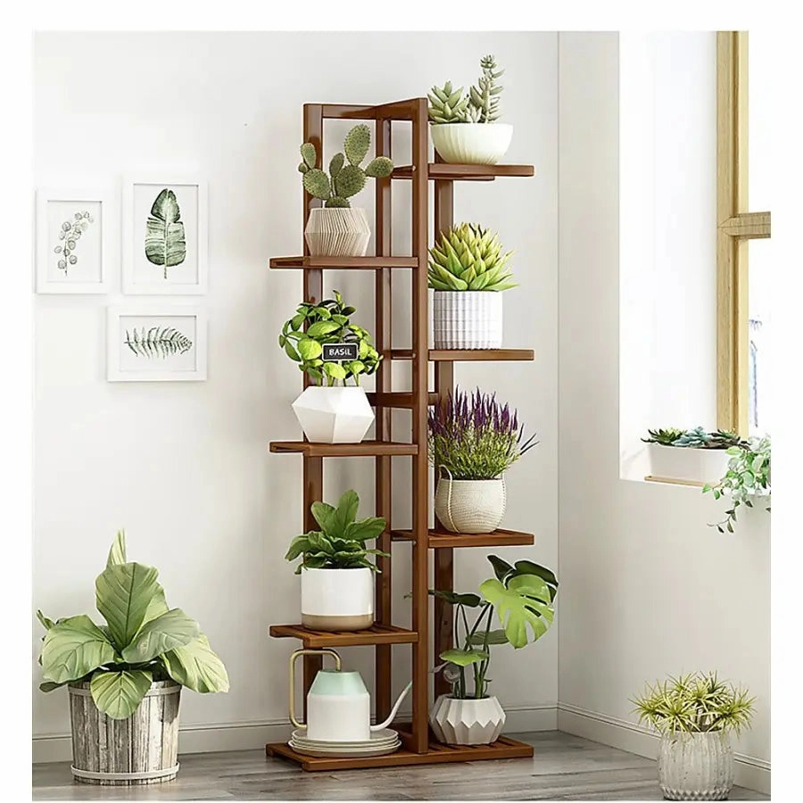 6 Tier Dark Brown Vertical Bamboo Plant Stand