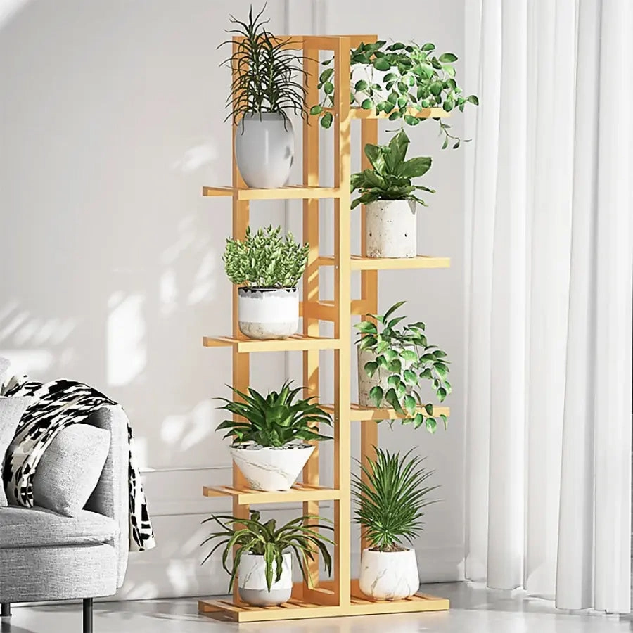 6 Tier Natural Brown Vertical Bamboo Plant Stand