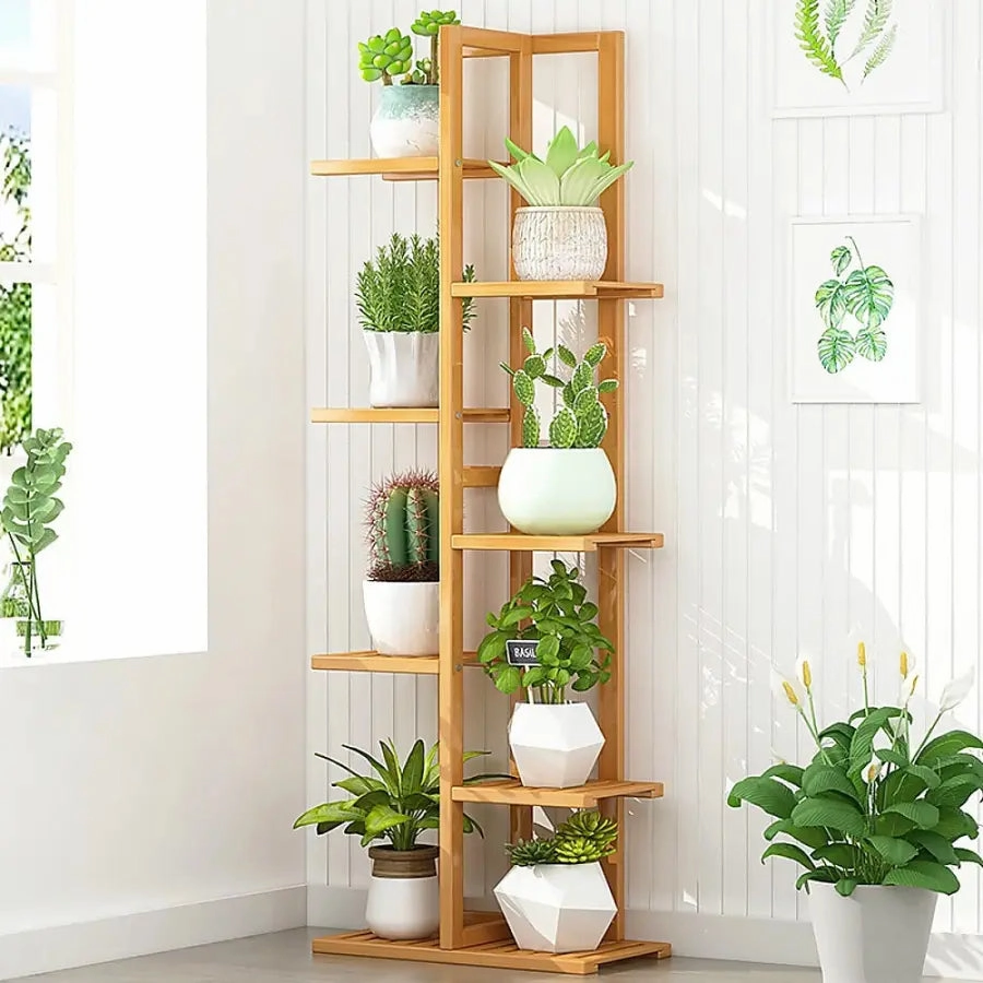 6 Tier Natural Brown Vertical Bamboo Plant Stand