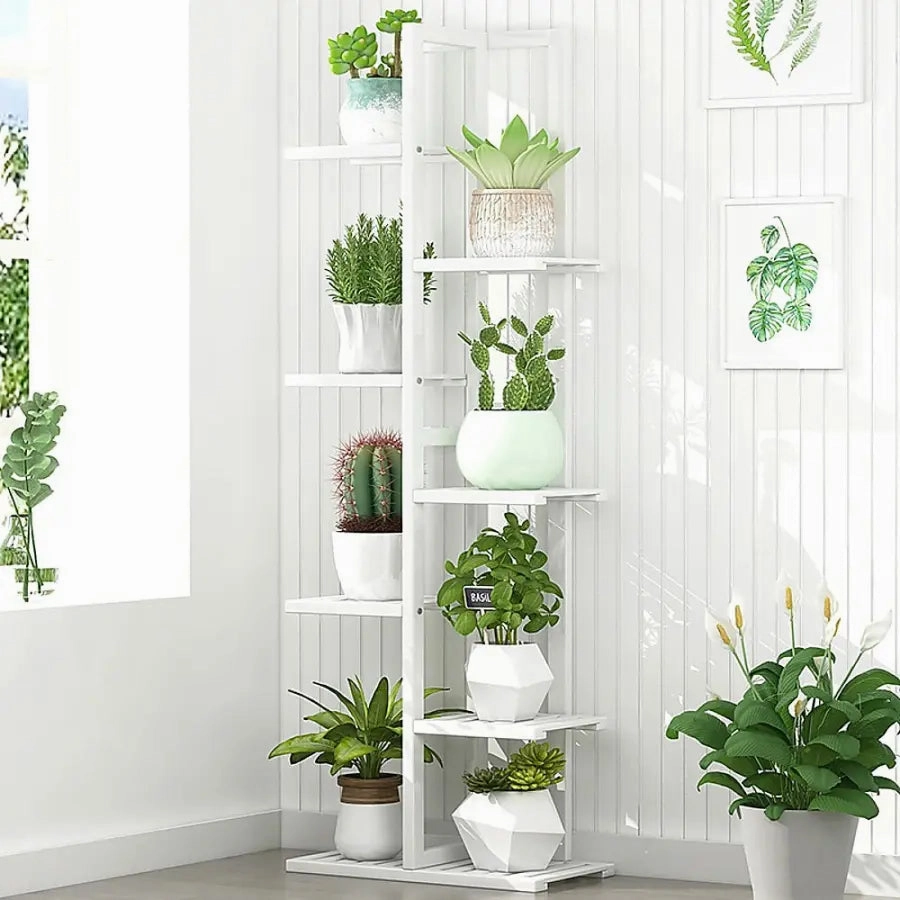 6 Tier White Vertical Bamboo Plant Stand