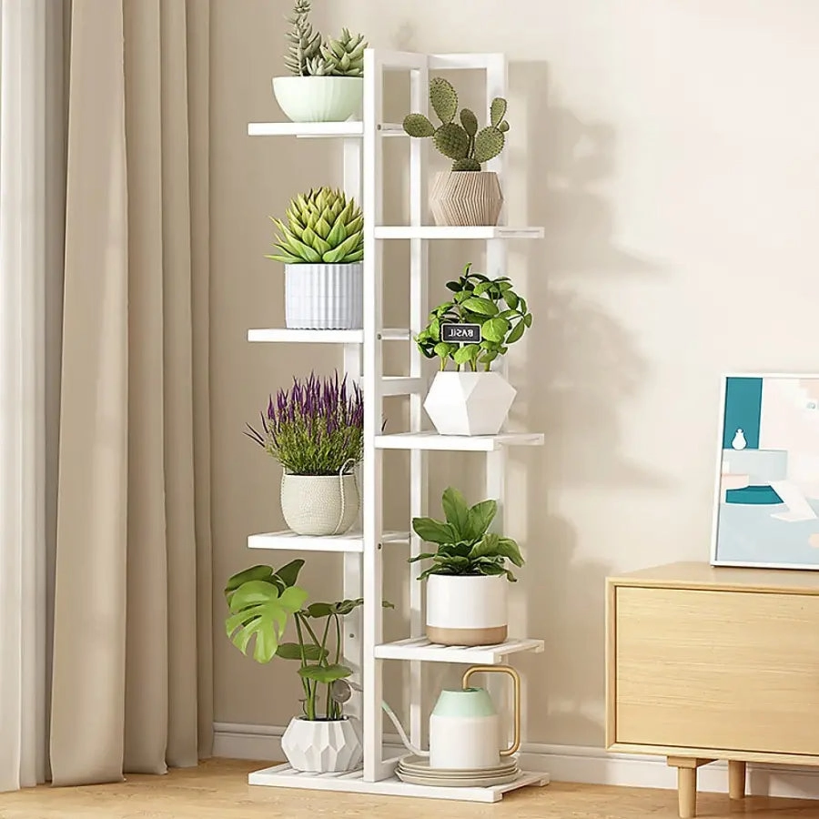 6 Tier White Vertical Bamboo Plant Stand