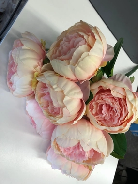7 HEAD PEONIES champagne with pink center BUNCH artificial flower bouquet  
