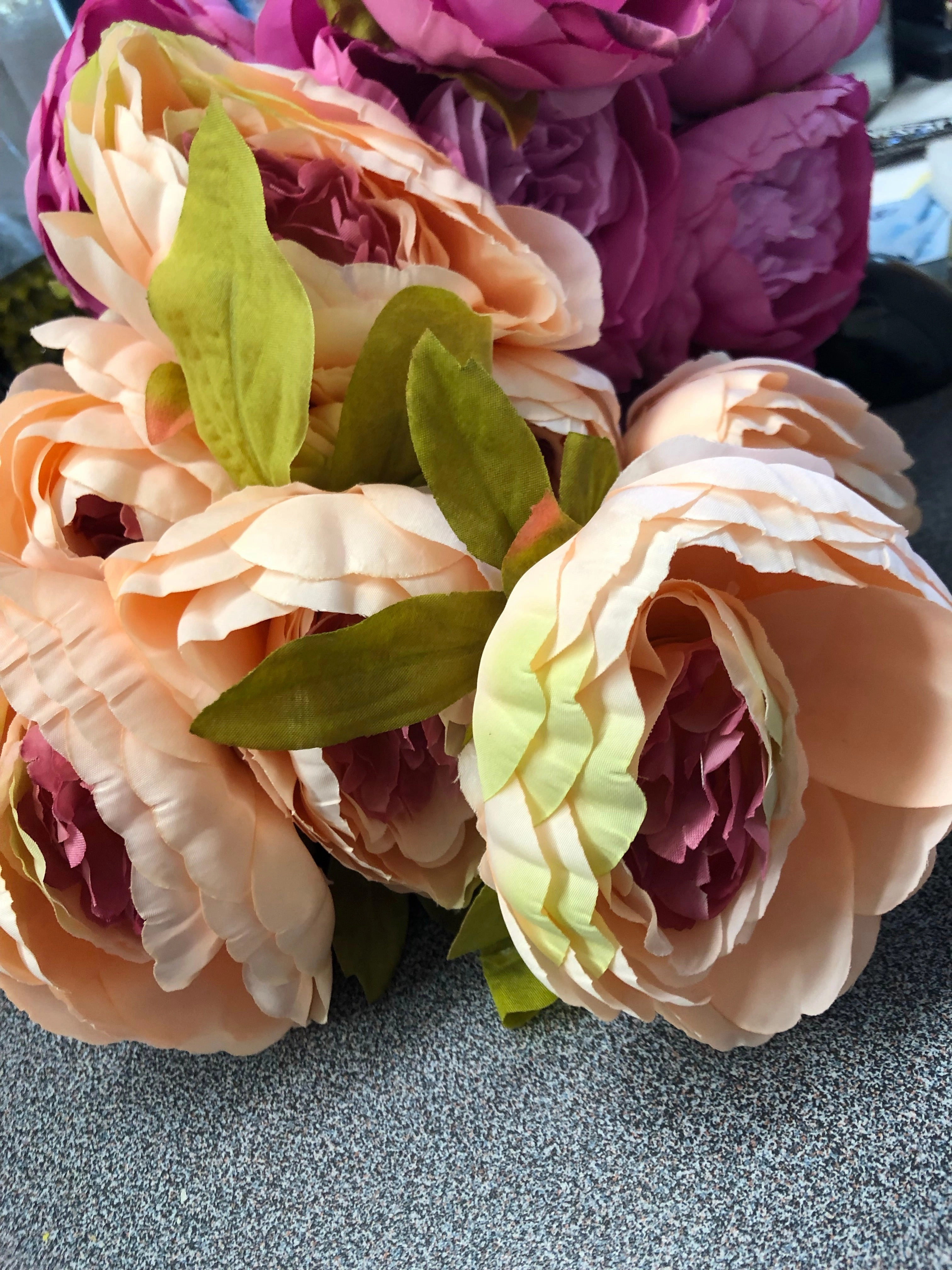 9 HEAD Salmon with pink center FABRIC ARTIFICIAL PEONIES PEONY BUNCH