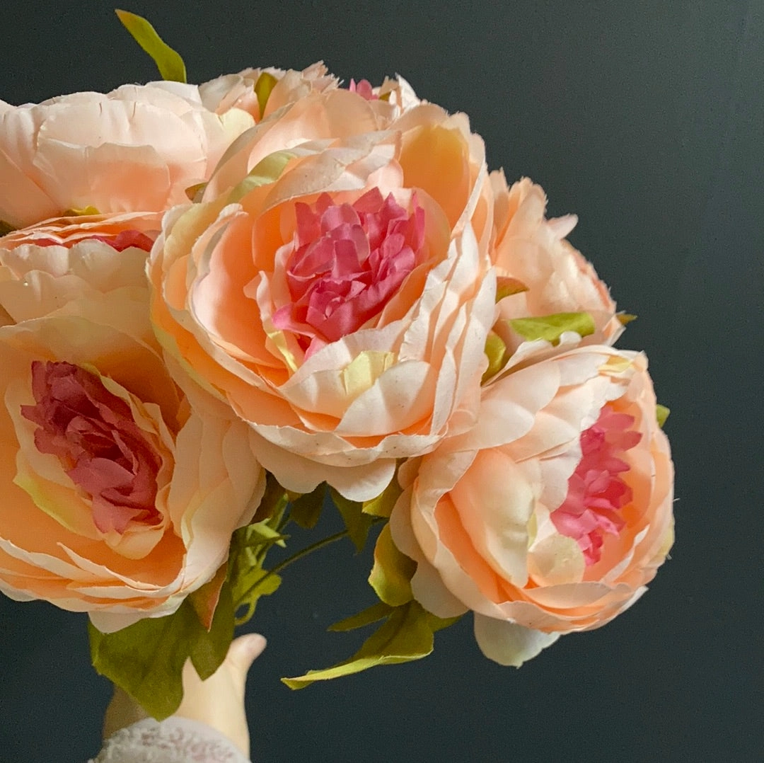 9 HEAD Salmon with pink center FABRIC ARTIFICIAL PEONIES PEONY BUNCH artificial flower bouquet  