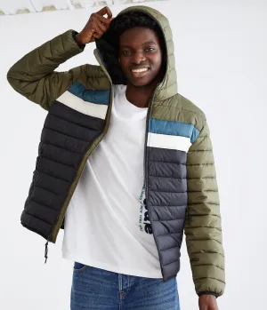 Aeropostale Herren Colorblock Hooded Midweight Puffer Jacke - Hellgrün - Größe XL - Polyester - Teen Mode & Bekleidung Caper Green Aeropostale