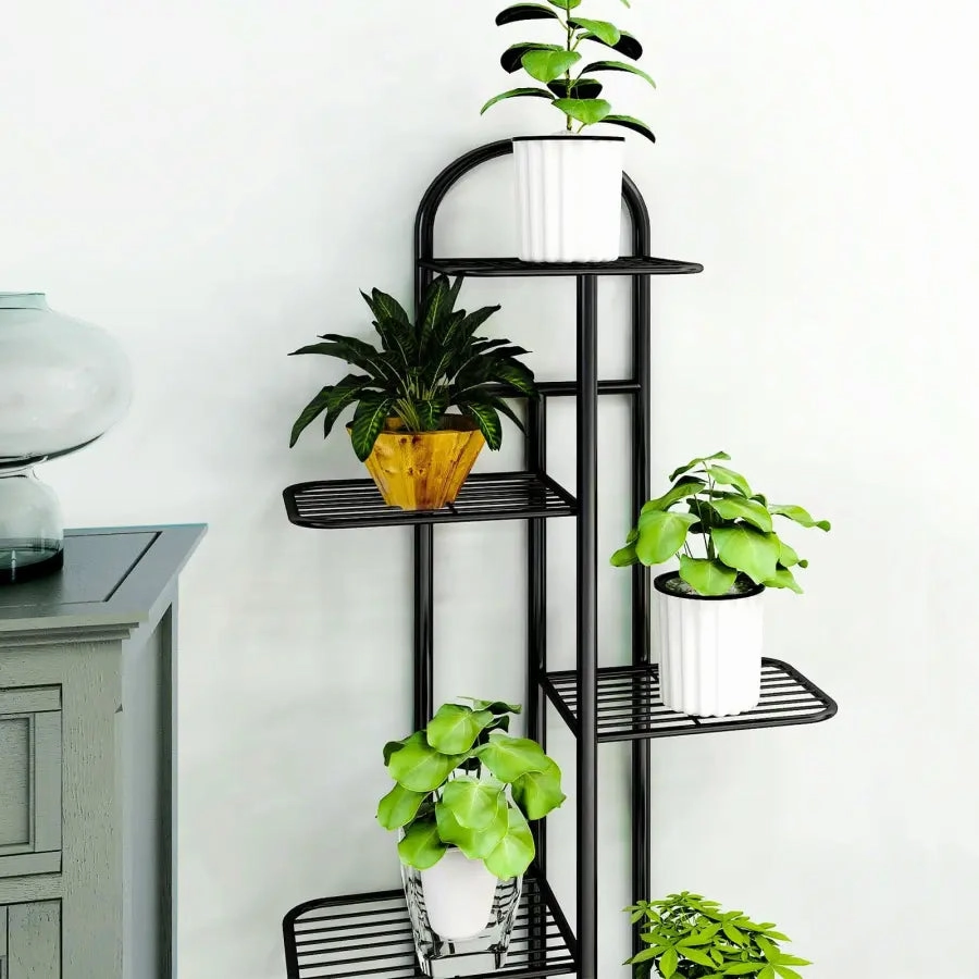 Arched 4 Tier Black Metal Plant Stand for 5 Planters