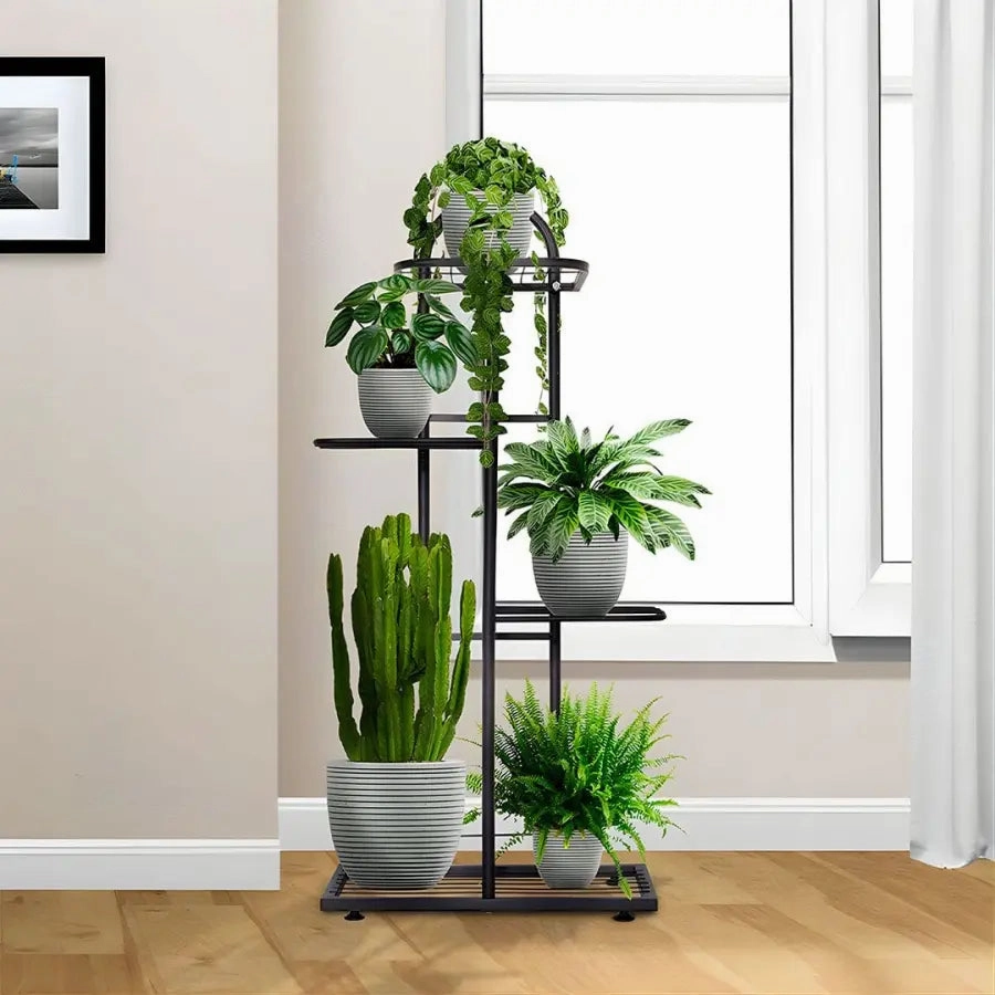 Arched 4 Tier Black Metal Plant Stand for 5 Planters