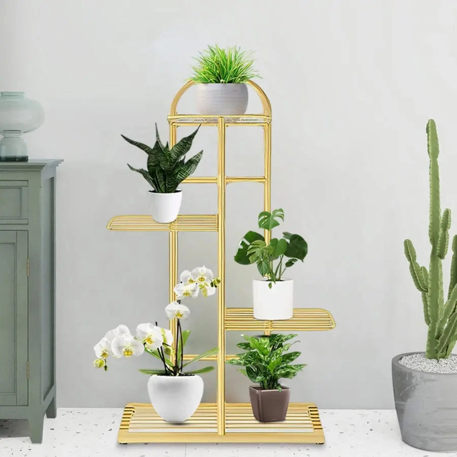 Arched 4 Tier Gold Metal Plant Stand for 5 Planters