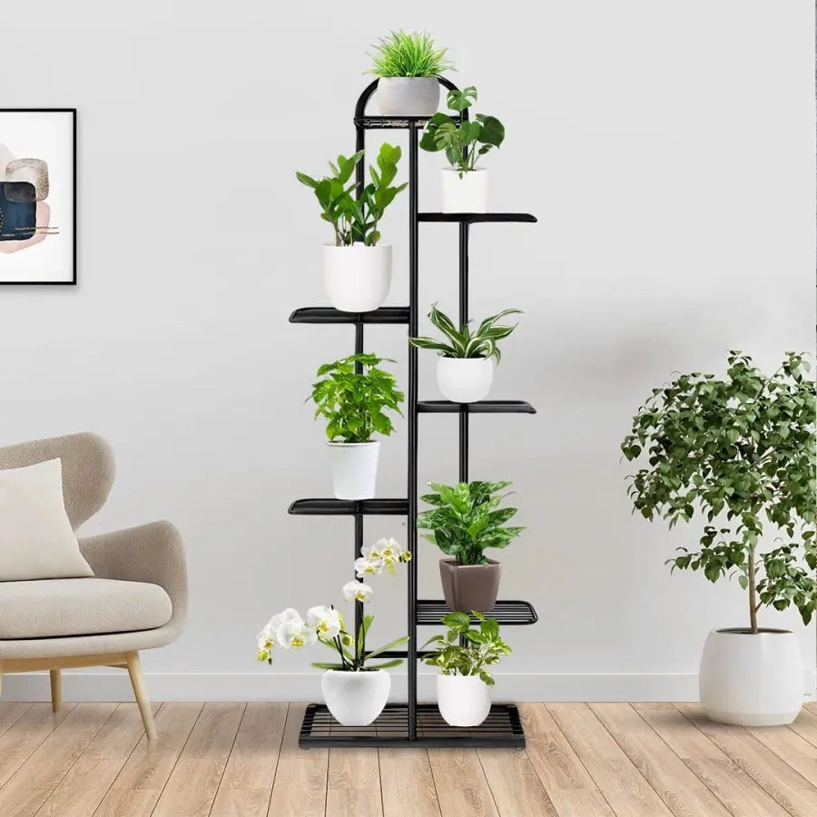 Arched 7 Tier Black Metal Plant Stand for 8 Planters