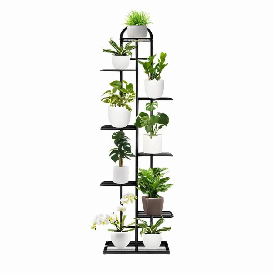 Arched 8 Tier Black Metal Plant Stand for 9 Planters,plant shelf accessories