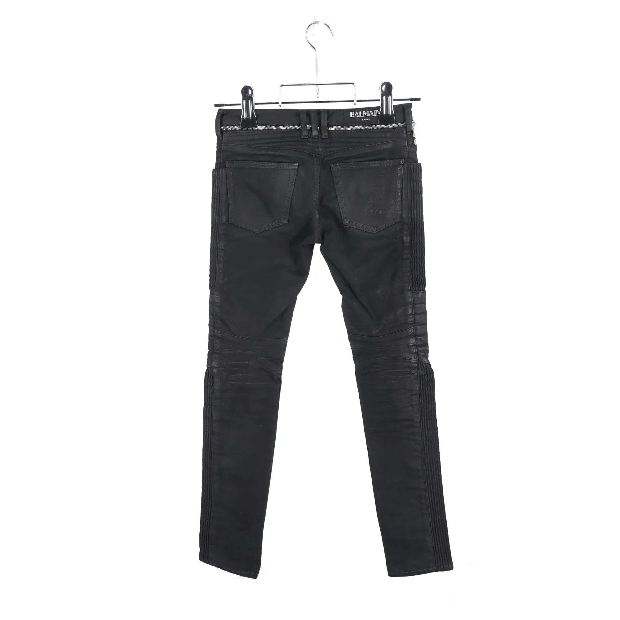Balmain Gewachste Slim-Fit Bikerjeans in schwarzem Baumwoll-Denim