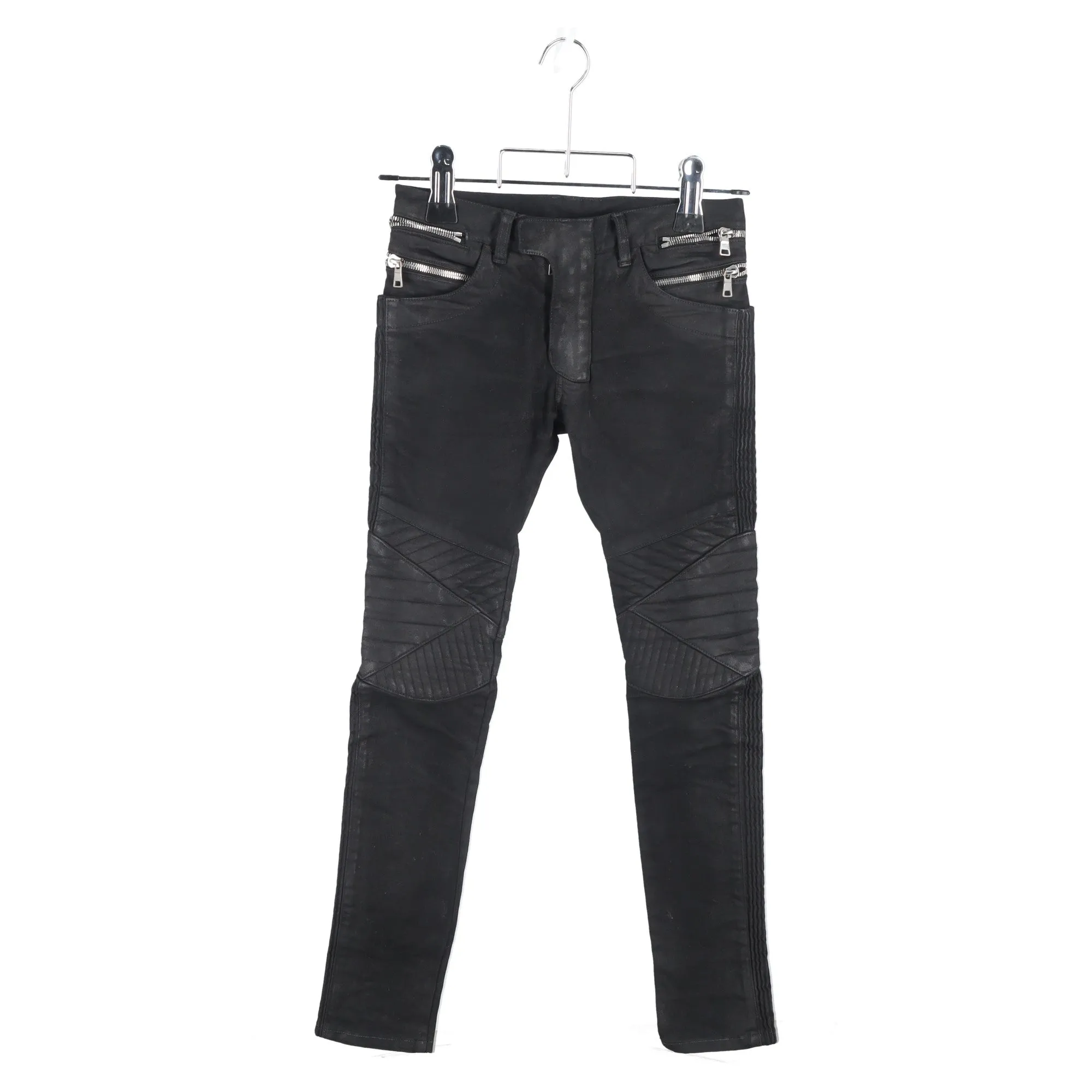 Balmain Gewachste Slim-Fit Bikerjeans in schwarzem Baumwoll-Denim