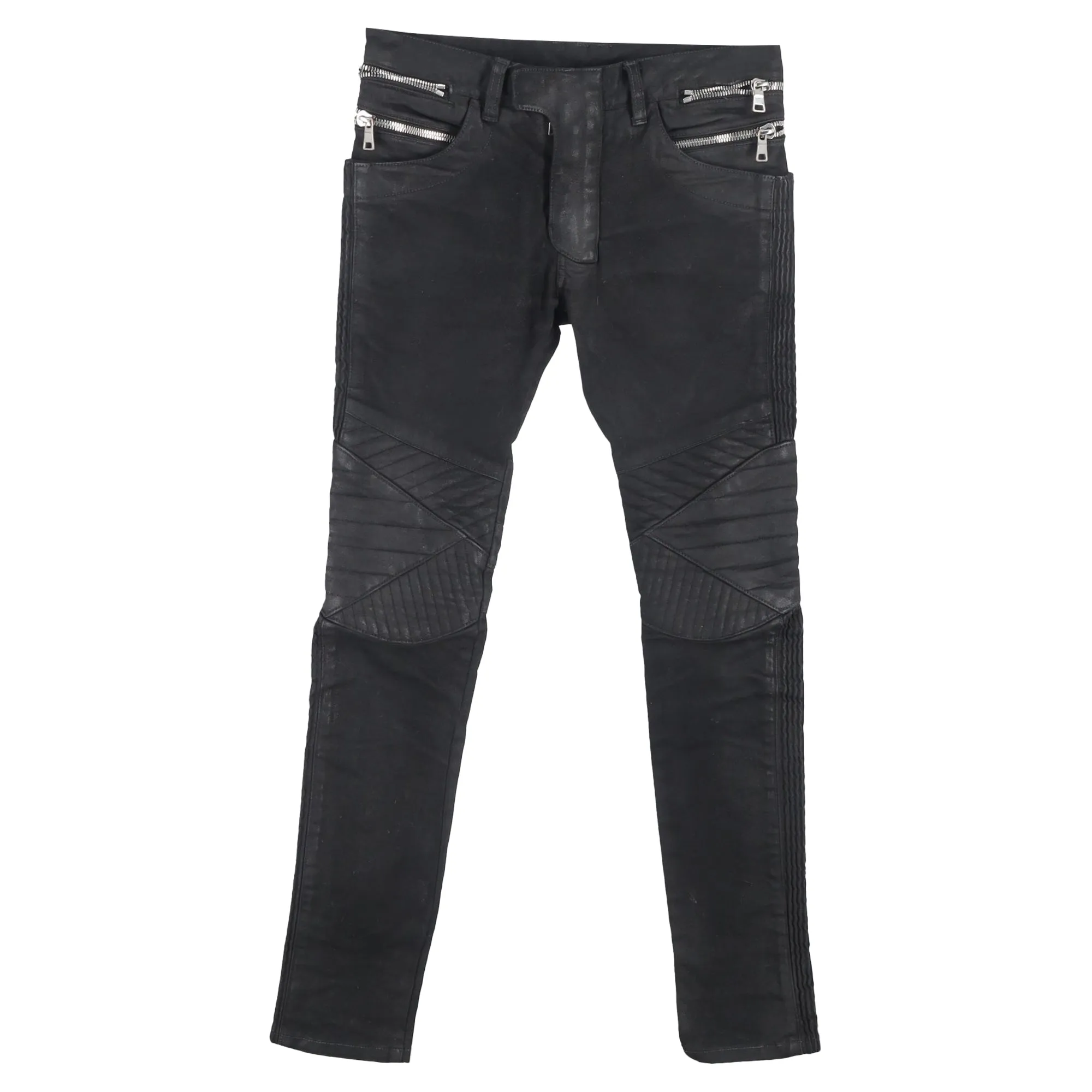 Balmain Gewachste Slim-Fit Bikerjeans in schwarzem Baumwoll-Denim