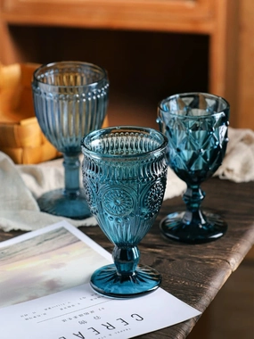 Blue Color Vintage sunflower drinking Glass 300ml crystal look(Goblet),aesthetic flower vase