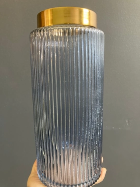 Blue cylinder Vase with Vertical ribbed stripe lines and Gold Rim,aesthetic flower vase