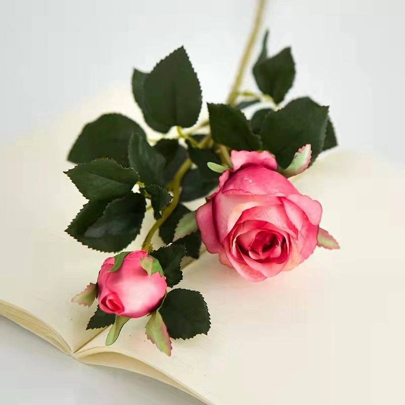 Bulgarian Rose Two Heads Artificial Silk Flowers Stem 8 colors selections001-008