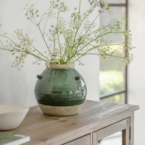 Carlingford Squat Green Urn with Handles 26cm,hand-painted ceramic vase