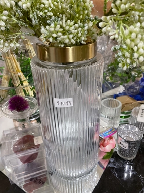 Clear cylinder Vase with Vertical ribbed stripe lines and Gold Rim,aesthetic flower vase