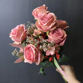 Coral ROSE BUNCH With fillers artificial flower bouquet  