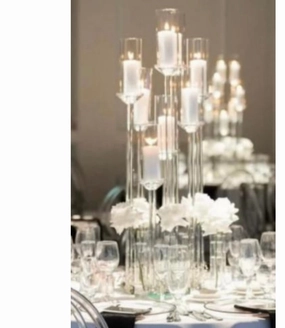 CRYSTAL pillar CANDLeholder set 10 head on round dish,aesthetic flower vase