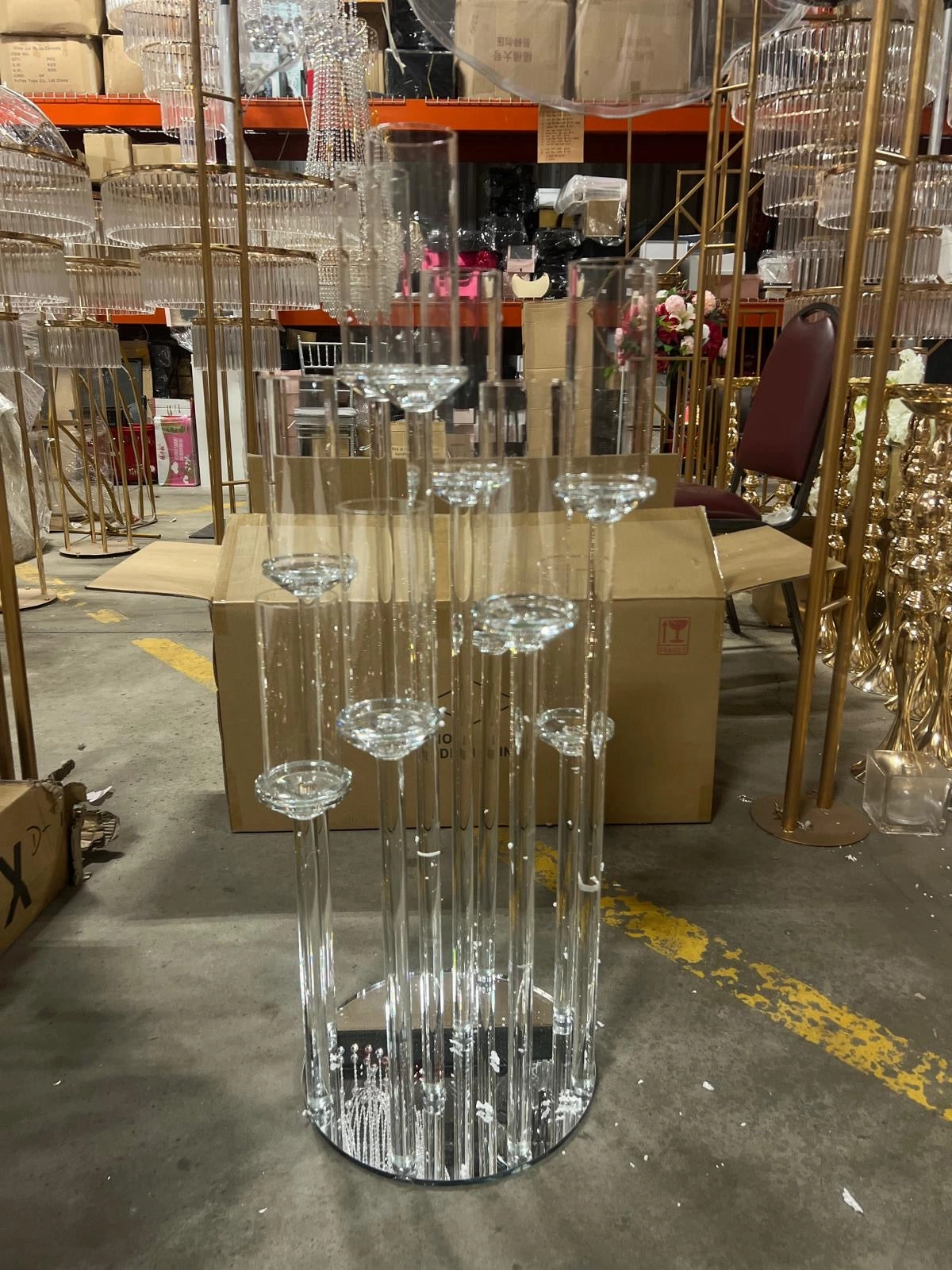 CRYSTAL pillar CANDLeholder set 8 head on round dish