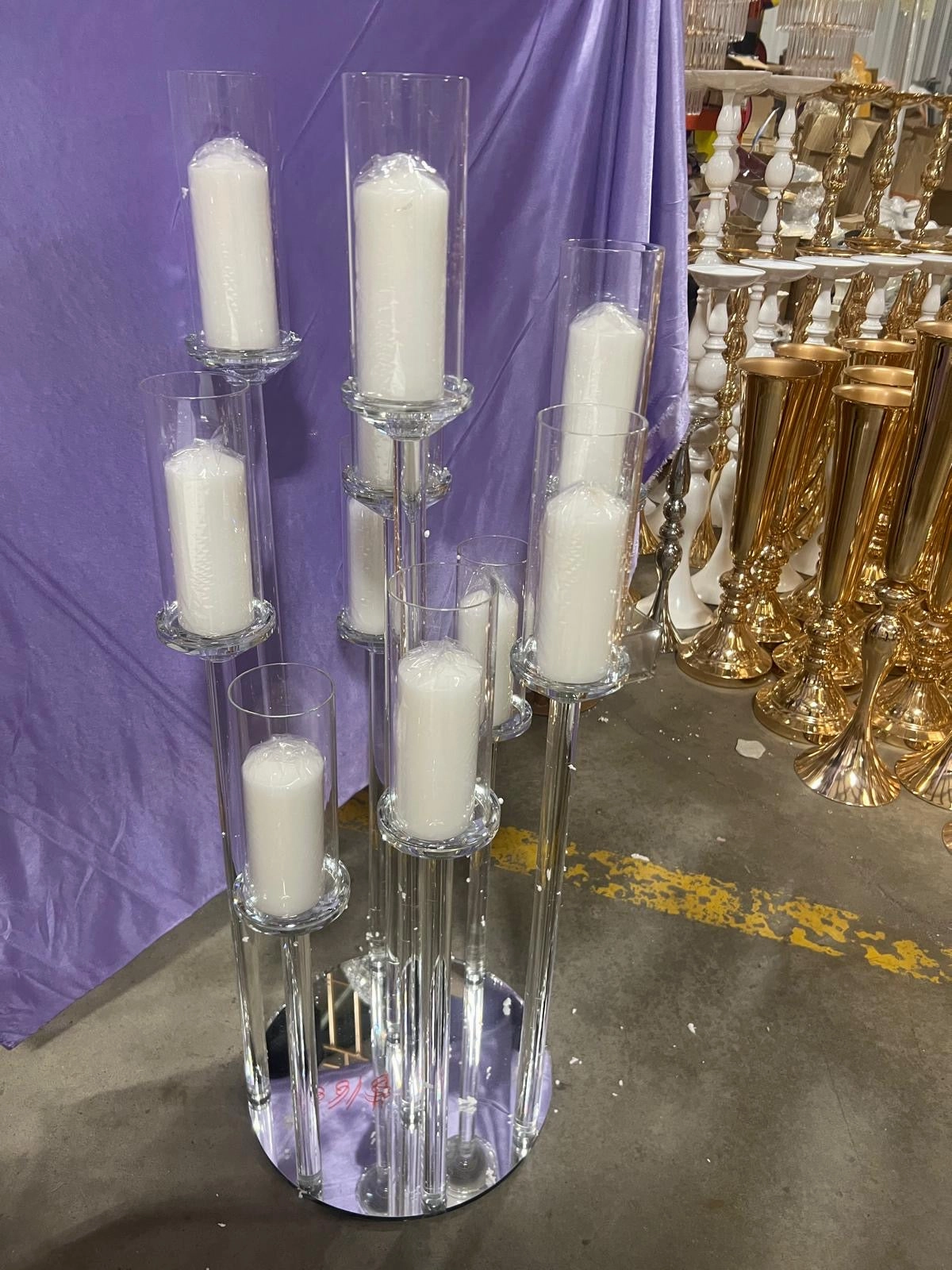CRYSTAL pillar CANDLeholder set 8 head on round dish