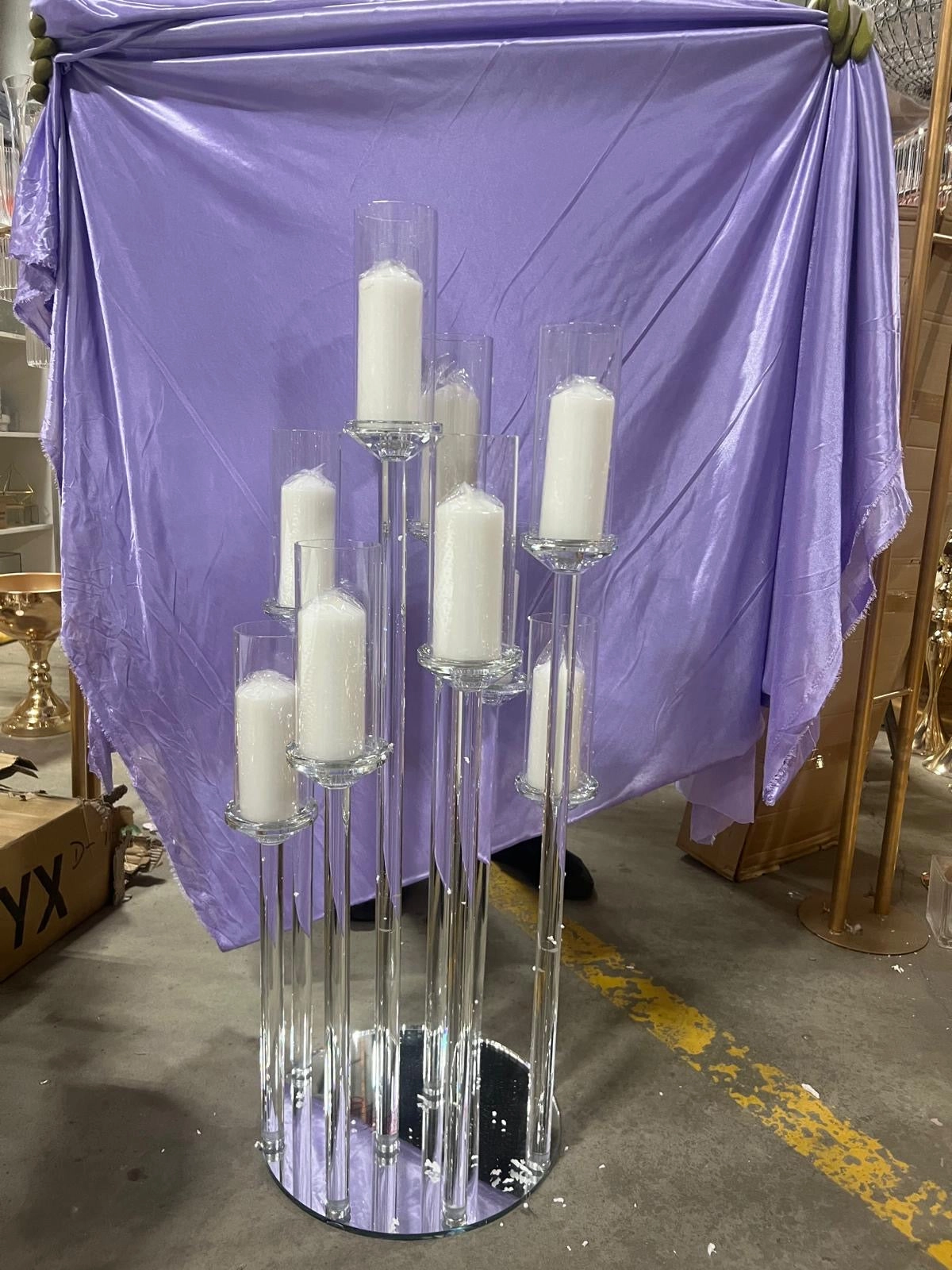 CRYSTAL pillar CANDLeholder set 8 head on round dish