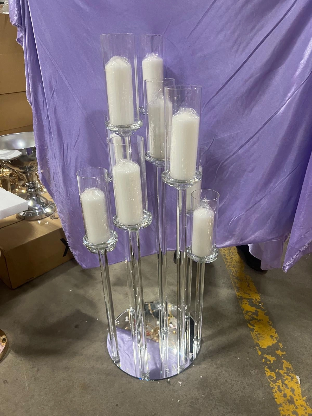 CRYSTAL pillar CANDLeholder set 8 head on round dish