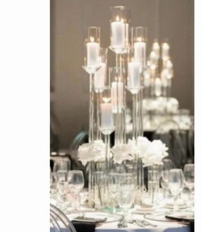 CRYSTAL pillar CANDLeholder set 8 head on round dish,aesthetic flower vase