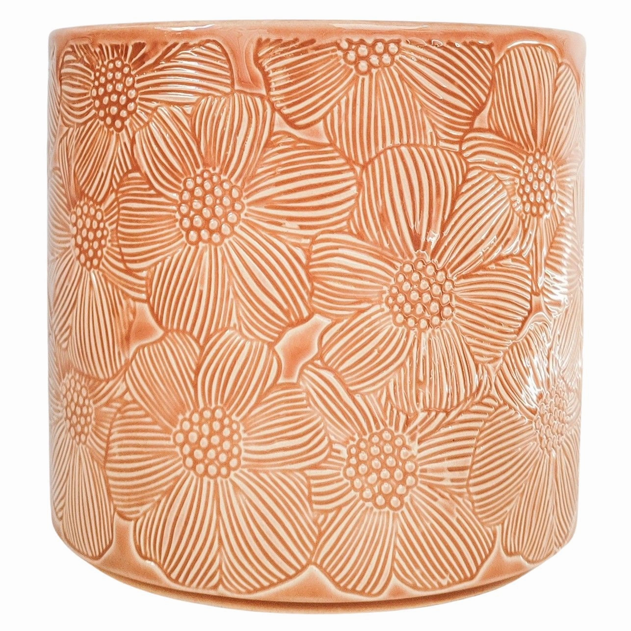 Etched Flower Planter Salmon,terracotta plant pot