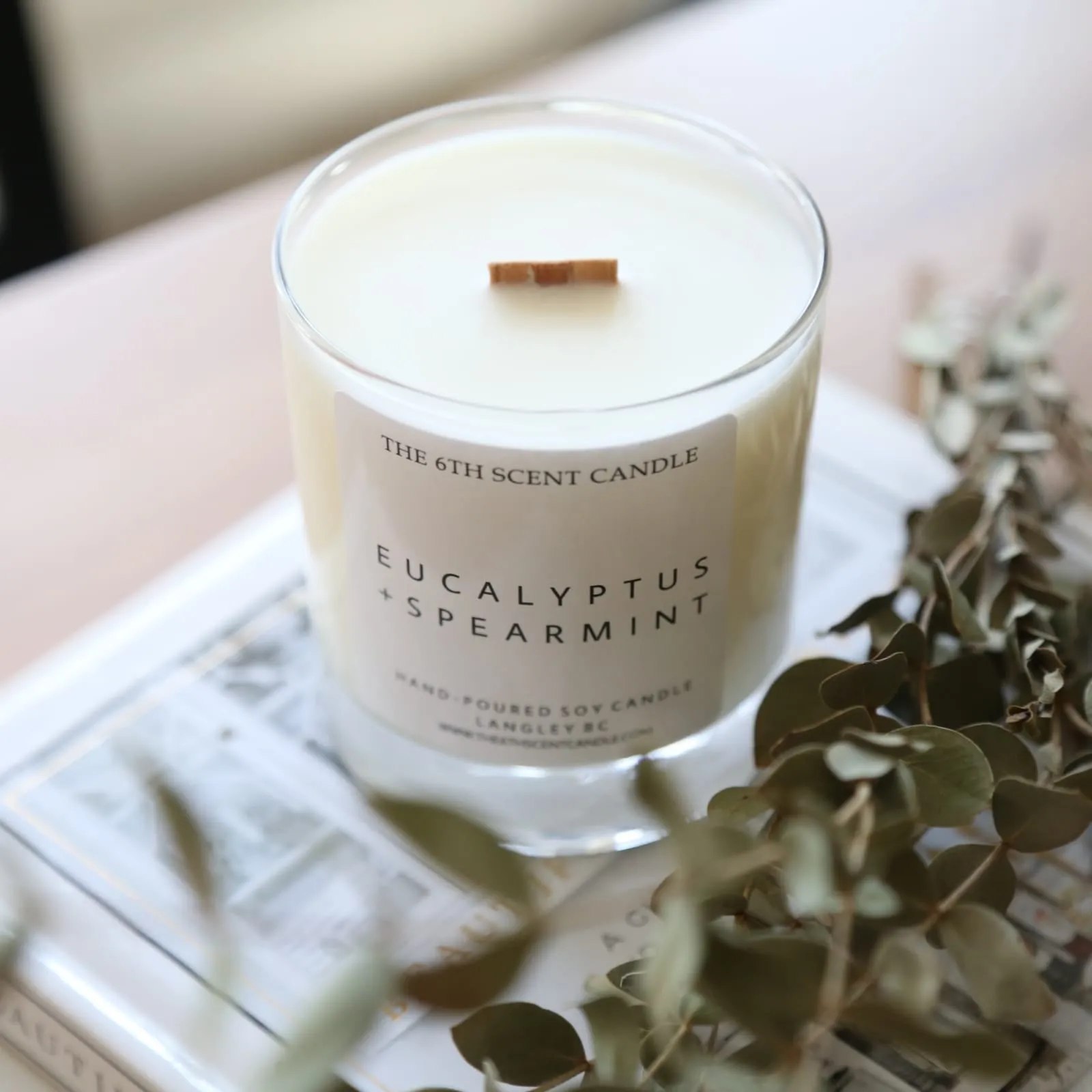 EUCALYPTUS   SPEARMINT SOY CANDLE,faux bloom stem 