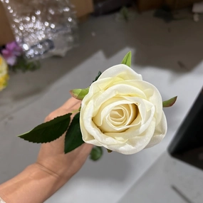 Flannelette velvety feel Cream white Single Stem Rose realistic flower bouquet  
