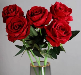 Flannelette velvety feel Red Single Stem Rose artificial flower bouquet  