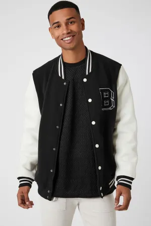 Forever 21 Herren Chenille Patch Letterman Varsity Jacke Schwarz/Creme Forever 21