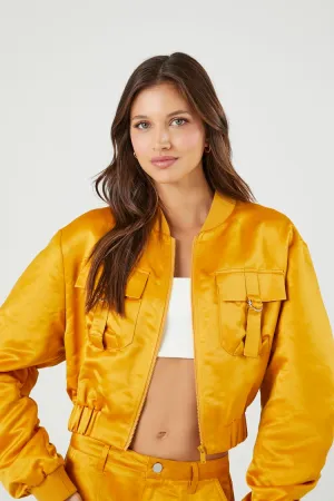 Forever 21 Damen Rüschen Satin Cropped Bomberjacke Gold Forever 21